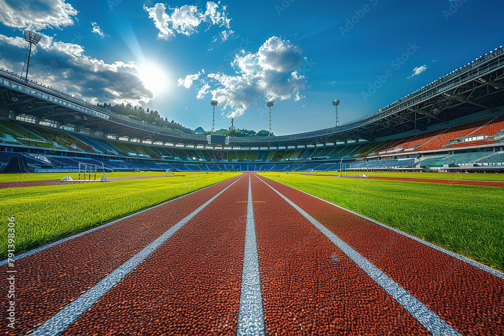 Empty red running track at the stadium in sunny weather. Concept of ...