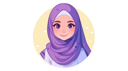 Wall Mural - A charming Muslim woman wearing a hijab is portrayed in a delightful flat 2d illustration standing out against a white background This Muslim Arabian lady is encapsulated within a circular 