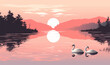 Two swans are swimming in a lake at sunset