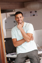Aufkleber - Entrepreneur, thinking and portrait by desk in office with confidence for startup business, idea and project. Man, planning and happy by table in workplace for vision, strategy and job or career