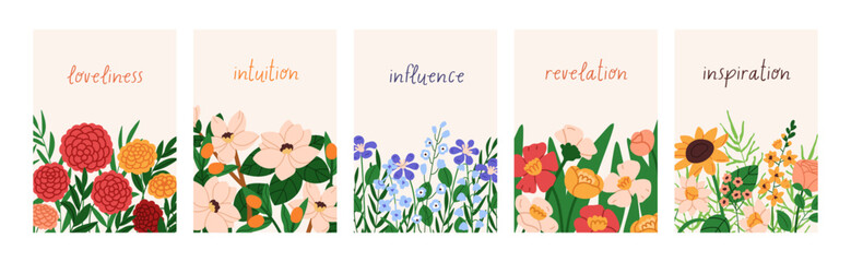 Leinwandbilder - Floral background designs set. Beautiful blossomed flowers, gentle wildflowers, spring and summer cards. Natural botanical posters with blooming field and meadow plants. Flat vector illustration