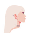 A profile of a blond young woman with piercing. Side view. Fashion model. Vector flat illustration