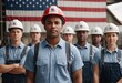 Group of multiracial workers men and woman in protective hardhats on background of the American flag. Labor Day, Patriotism and Democracy concept. Ai generation