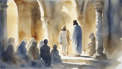 Watercolor painting of Jesus Christ visiting the Temple at Jerusalem.