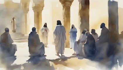 Wall Mural - Watercolor painting of Jesus Christ visiting the Temple at Jerusalem.