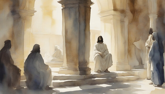 Watercolor painting of Jesus Christ visiting the Temple at Jerusalem.