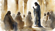 Watercolor painting of Jesus Christ visiting the Temple at Jerusalem.
