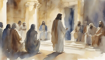 Wall Mural - Watercolor painting of Jesus Christ visiting the Temple at Jerusalem.