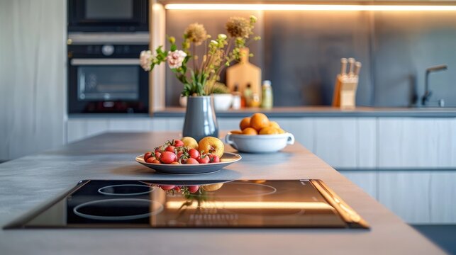 modern kitchen interior design with granite countertop digital composite on induction hob in modern 