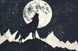 Illustration of a wolf on the background of the moon and mountains
