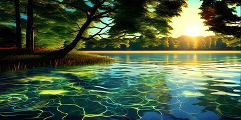 serene lake with reflections on the surface replaced with shimmering digital patterns