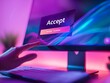 A user's hand is about to click 'accept' on a digital cookie consent banner on a colorful computer screen.