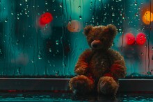 Teddy Bear Sitting On The Window With Rain Drops And Blurred Background