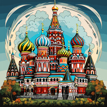 Saint Basil's Cathedral Hand-drawn Comic Illustration. Cathedral Of Vasily The Blessed. Vector Doodle Style Cartoon Illustration