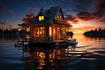 Wall Mural - Wooden house on the water at sunset. 3d render.