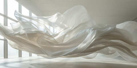 A white fabric is floating in the air, creating a sense of movement and freedom. The image evokes a feeling of lightness and airiness, as if the fabric is dancing in the wind