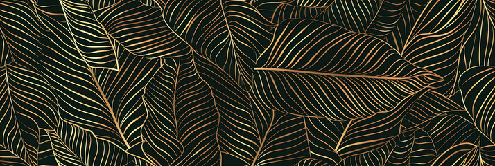 Wall Mural - Tropical leaf Wallpaper, Luxury nature leaves pattern design, Golden banana leaf line arts, Hand drawn outline design for fabric , print, cover, banner and invitation, Vector illustration.