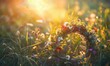 © Sergio Lucci - Wildflowers wreath on a sunny meadow. Sunny green natural background. Summer solstice concept. Symbol of Beltane.