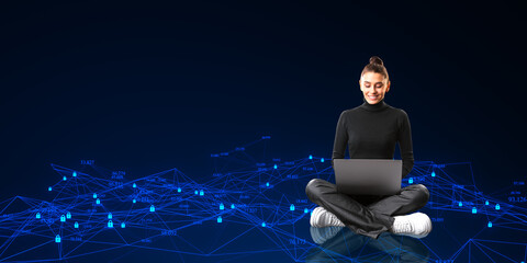 Aufkleber - Happy young woman using laptop with creative polygonal mesh on blue background with mock up place. Big digital data concept.