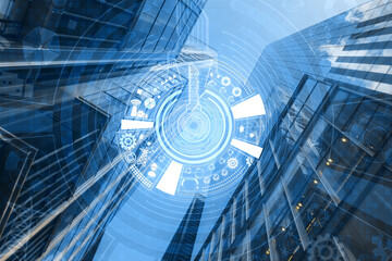 Wall Mural - Creative round digital key hologram on blurry blue city background. Concept of cyber security or private key, abstract digital key with technology interface. Double exposure.