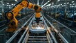 Robot arm welding cars in factory for mass production assembly line. Concept Industrial Automation, Manufacturing Efficiency, Automotive Assembly, Robotic Welding, Mass Production