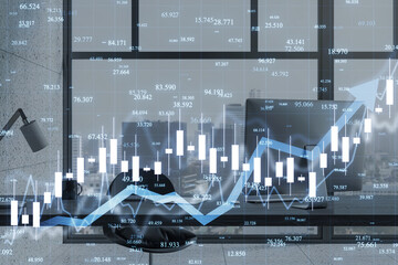 Fototapete - Close up of toned workspace with computer and creative blue candlestick forex chart and growing arrow on blurry background. Trade, finance and stock concept. Double exposure.