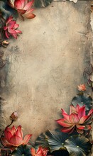 Textured Backdrop With Pink Lotus Flowers And Green Leaves On A Vintage Grunge Surface.
