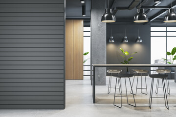 Aufkleber - Modern kitchen interior with blank mock up place on wall, table, chairs and panoramic windows with city view.. 3D Rendering.