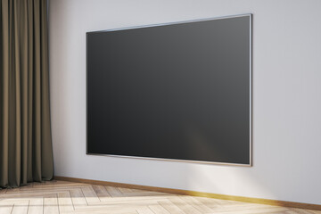 Poster - Modern interior with empty black mock up banner on wall, curtain and sunlight. 3D Rendering.