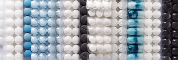 A highly detailed image displaying a pattern of white, blue and black pharmaceutical pills and caplets on a white background