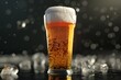 Glass of beer with ice on black table, closeup,  Space for text