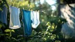 Fresh laundry hanging outdoors on a sunny day. Clean clothes drying on a line in nature. Eco-friendly living and household chore. Domestic routine captured in bright daylight. AI