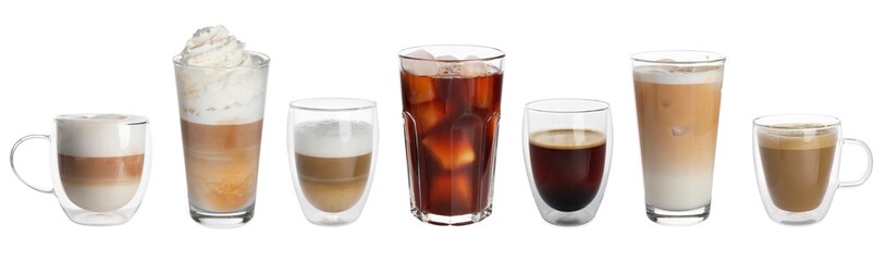 Sticker - Set of different coffee drinks drinks in cups and glasses on white background