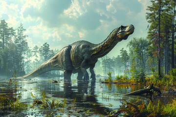 Wall Mural - A lumbering Apatosaurus, with its massive size and long neck, browsing for vegetation in prehistoric swamps. Concept of massive herbivore. Generative Ai.