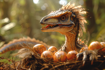 Canvas Print - A swift Oviraptor, with its bird-like beak and feathered wings, snatching eggs from other dinosaur nests in ancient nesting grounds. Concept of egg thief dinosaur. Generative Ai.