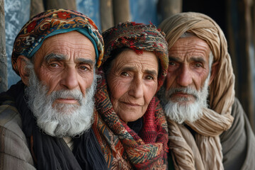 Poster - Elderly refugees sharing stories of resilience and survival, passing down wisdom and heritage to younger generations. Concept of intergenerational resilience. Generative Ai.