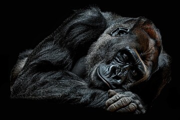 Portrait of Gorilla. The gorilla lives in the zoo on black background