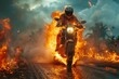 A motorcycle rider on a fiery bike racing down a rural road in scorching heat, Biker in hot summer