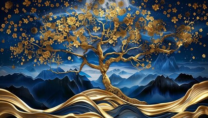 3d modern art mural wallpaper with blue night landscape with dark mountains, giant golden tree and gold waves, Generative AI