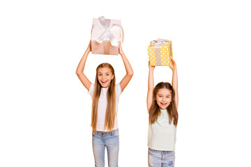 Wall Mural - Portrait of two nice cute sweet attractive cheerful funny playful childish girls holding in hands rising over heads large boxes isolated over bright vivid shine yellow background