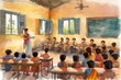 Illustration portraying Indian teachers educating a group of attentive students in a traditional classroom environment