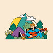 Tourist plays guitar in nature. Flat vector illustration isolated on background.