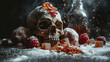 A human skull surrounded by sugar. Sugar is a substance harmful to human health.