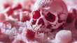 A human skull surrounded by sugar. Sugar is a substance harmful to human health.