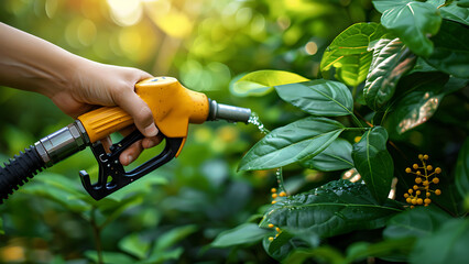 Wall Mural - Fuel pump watering plants. ecological fuel.