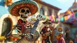 Immerse yourself in the vibrant energy of Fiesta San Antonio with a mariachi skeleton band, blending Mexican folk art with magical realism through Occlusion Mapping