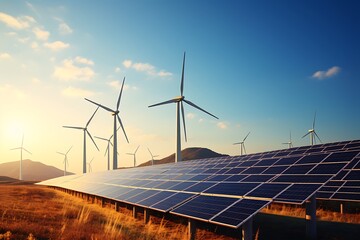 Wall Mural - solar energy panels and wind turbines in the field, renewable energy concept