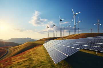 Wall Mural - solar energy panels and wind turbines in the field, renewable energy concept
