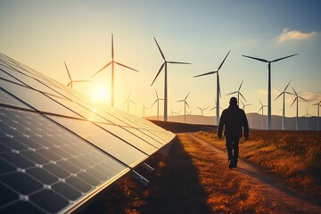 Wall Mural - solar energy panels and wind turbines in the field, renewable energy concept