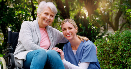 Poster - Elderly woman, wheelchair and nurse in nature for senior care or travel outdoor for adventure. Pensioner with disability and portrait with healthcare professional and happy in park for relax